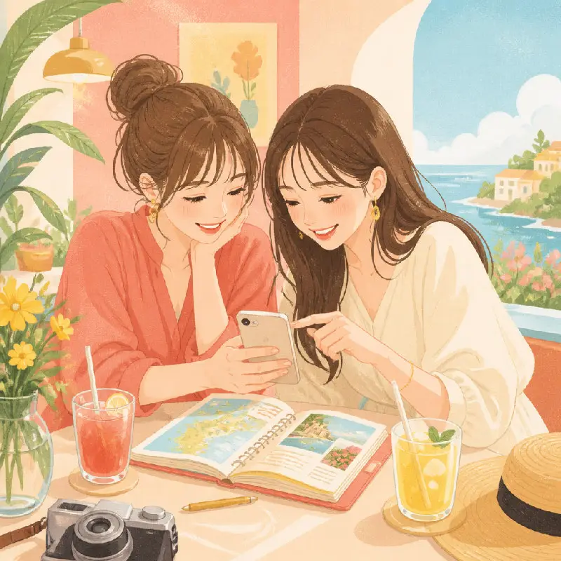 友だちと一緒に旅の計画をしている様子