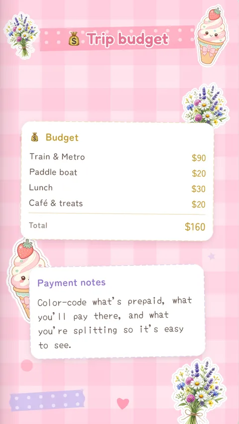 A trip budget page listing costs like train fares and meals, with a total