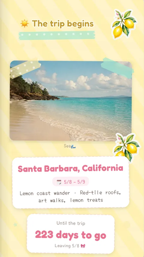 A booklet cover for a Santa Barbara getaway, decorated with lemon stickers