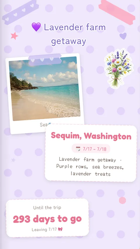A booklet cover with the destination and a countdown to the trip