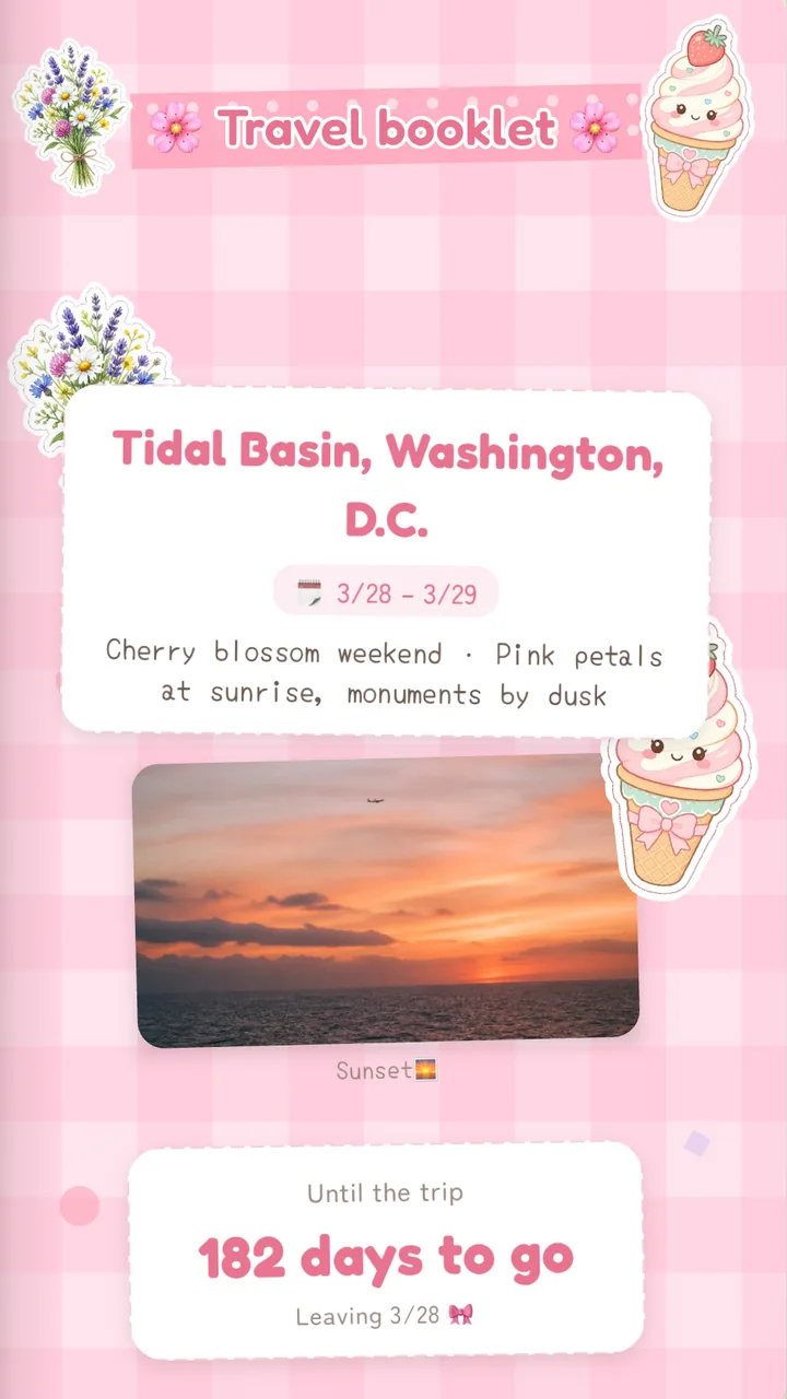 The cover page of a Shiori booklet for a cherry blossom weekend in Washington, D.C., with a countdown to the trip