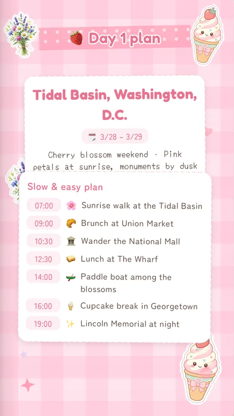 A Day 1 plan page with a timed sightseeing schedule in Washington, D.C.